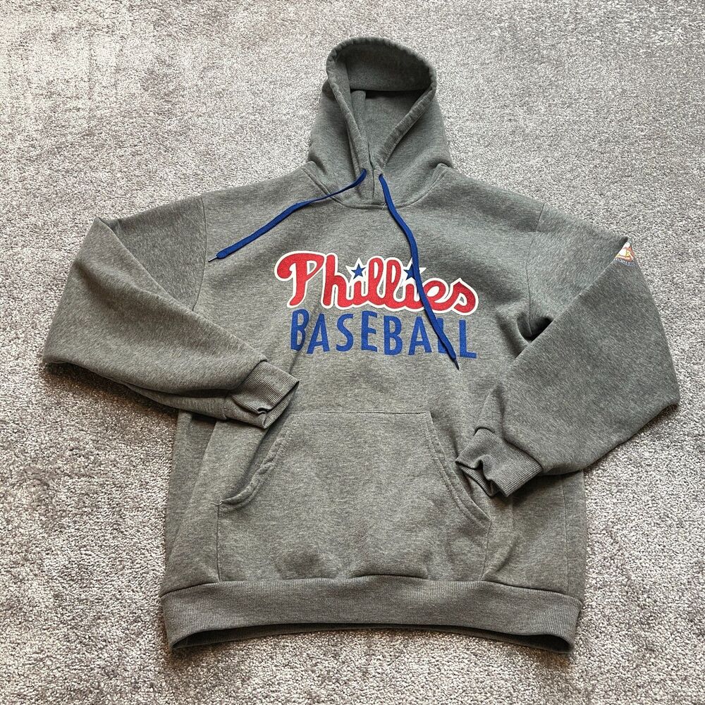 Phillies Baseball Hoodie Sweatshirt Mens Small Gray Pullover Pockets Cavity Logo